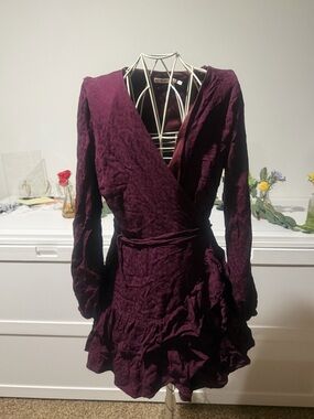 miami Deep Plum Wrap Ruffle Hem Long Sleeve Dress